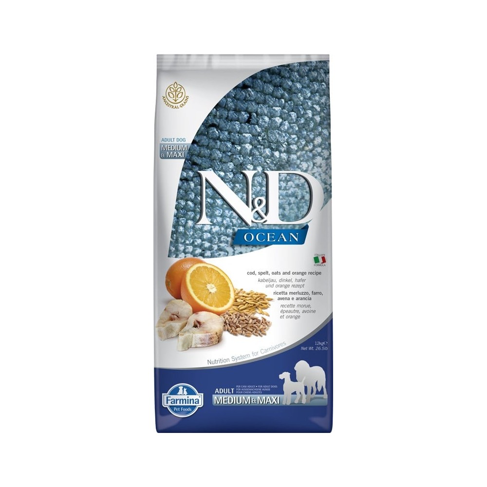 FARMINA N&D ADULT MEDIUM/MAXI OCEAN MERLUZZO FARRO AVENA E ARANCIA 12KG