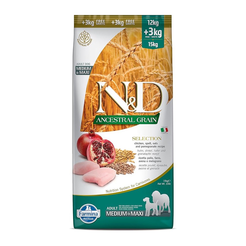 FARMINA N&D ADULT MEDIUM MAXI POLLO FARRO AVENA E MELOGRANO 15KG